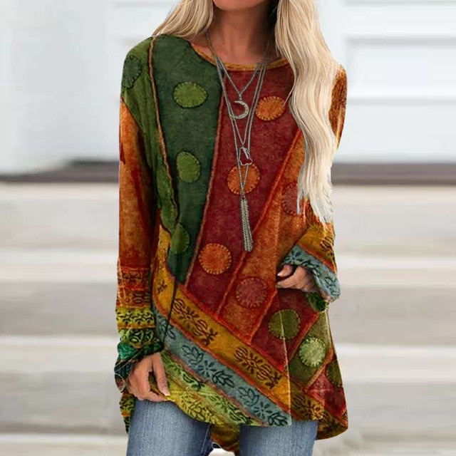 Vintage Abstract Face Printed V Neck Blouse Shirt Women Autumn Long Sleeve Irregular Tops Pullover Casual Loose Harajuku Blouses