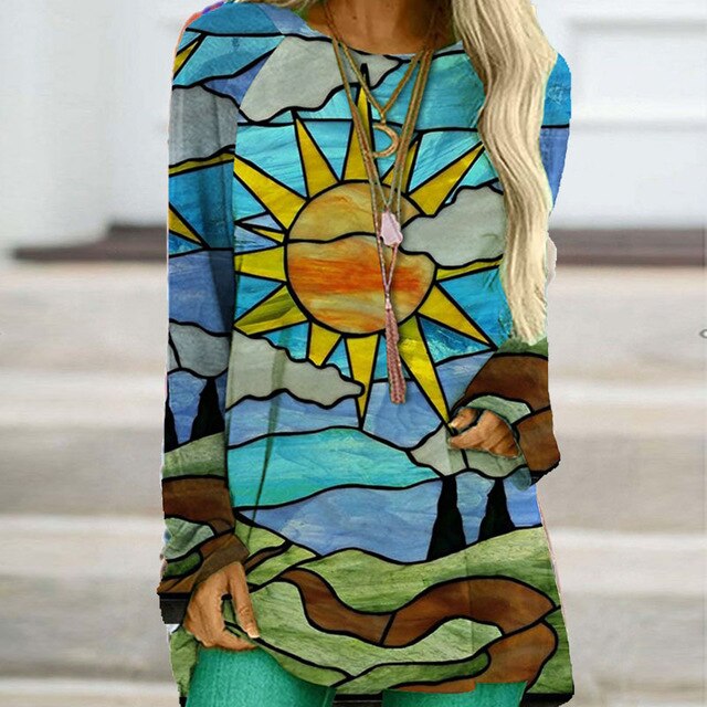 Vintage Abstract Face Printed V Neck Blouse Shirt Women Autumn Long Sleeve Irregular Tops Pullover Casual Loose Harajuku Blouses