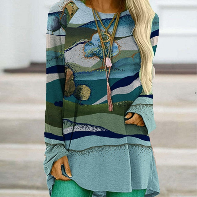 Vintage Abstract Face Printed V Neck Blouse Shirt Women Autumn Long Sleeve Irregular Tops Pullover Casual Loose Harajuku Blouses