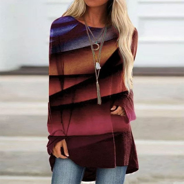 Vintage Abstract Face Printed V Neck Blouse Shirt Women Autumn Long Sleeve Irregular Tops Pullover Casual Loose Harajuku Blouses