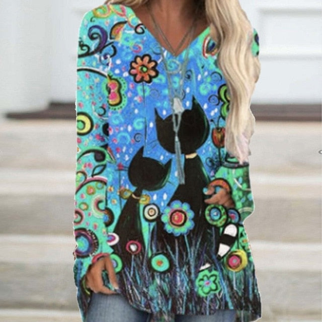 Vintage Abstract Face Printed V Neck Blouse Shirt Women Autumn Long Sleeve Irregular Tops Pullover Casual Loose Harajuku Blouses
