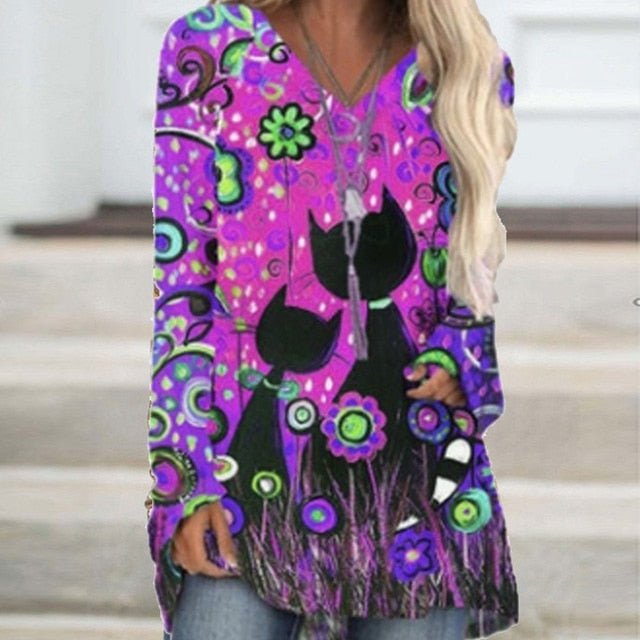 Vintage Abstract Face Printed V Neck Blouse Shirt Women Autumn Long Sleeve Irregular Tops Pullover Casual Loose Harajuku Blouses