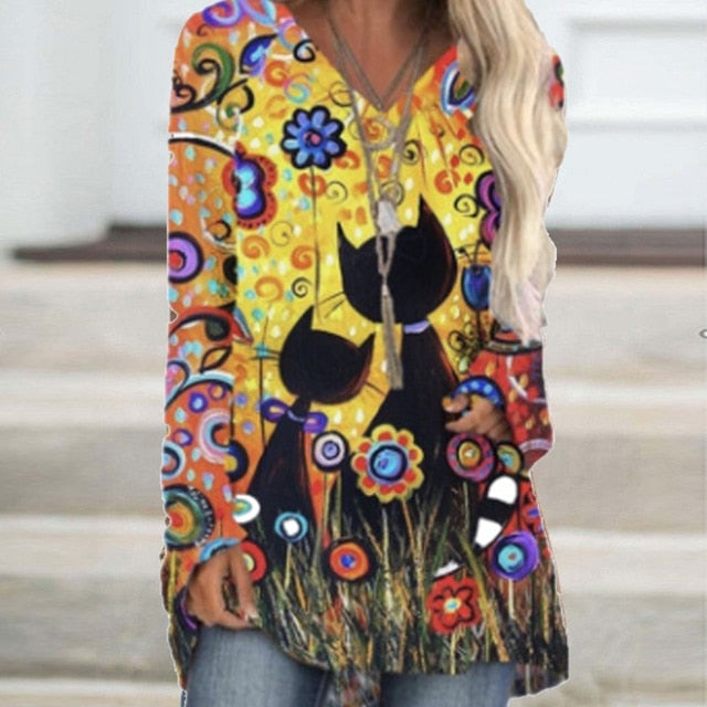 Vintage Abstract Face Printed V Neck Blouse Shirt Women Autumn Long Sleeve Irregular Tops Pullover Casual Loose Harajuku Blouses