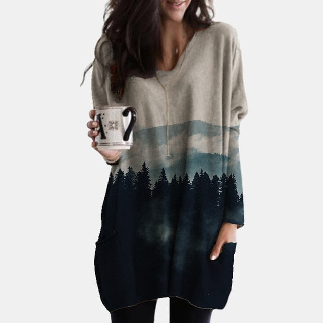 Vintage Abstract Printed Long Sleeve Shirt Women Elegant V Neck Loose Long Tops Blouse Autumn Pockets Irregular Oversized Shirts