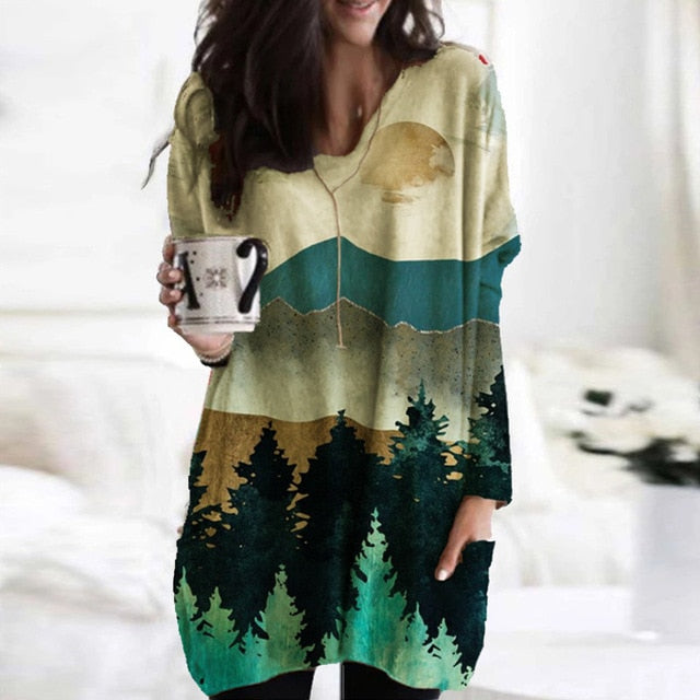 Vintage Abstract Printed Long Sleeve Shirt Women Elegant V Neck Loose Long Tops Blouse Autumn Pockets Irregular Oversized Shirts