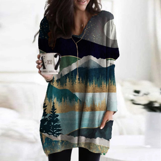 Vintage Abstract Printed Long Sleeve Shirt Women Elegant V Neck Loose Long Tops Blouse Autumn Pockets Irregular Oversized Shirts