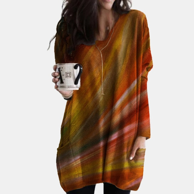 Vintage Abstract Printed Long Sleeve Shirt Women Elegant V Neck Loose Long Tops Blouse Autumn Pockets Irregular Oversized Shirts