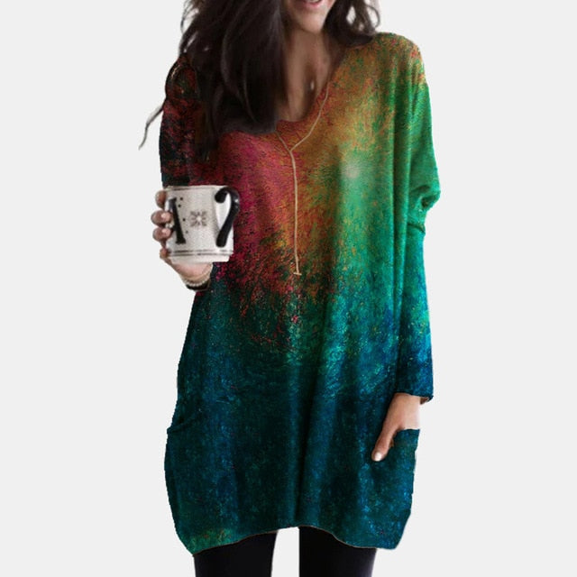 Vintage Abstract Printed Long Sleeve Shirt Women Elegant V Neck Loose Long Tops Blouse Autumn Pockets Irregular Oversized Shirts