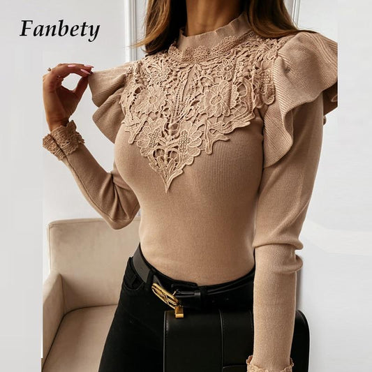 Women Autumn Solid Lace Patchwork Blouse Shirt Office Ladies Long Butterfly Sleeve Pullover Tops Casual O Neck Female Slim Blusa