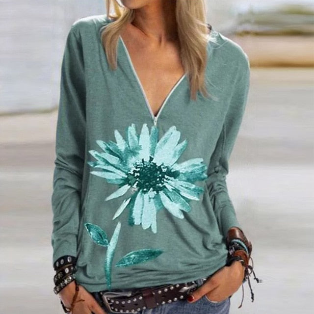 2020 Casual Women V Neck Zipper Blouse Shirt Elegant Daisy Print Female Tops Spring Autumn Long Sleeve Loose Blusa Pullover 5XL