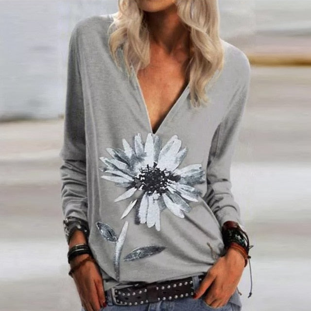 2020 Casual Women V Neck Zipper Blouse Shirt Elegant Daisy Print Female Tops Spring Autumn Long Sleeve Loose Blusa Pullover 5XL