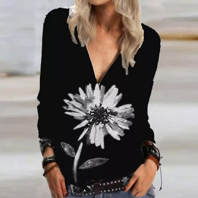 2020 Casual Women V Neck Zipper Blouse Shirt Elegant Daisy Print Female Tops Spring Autumn Long Sleeve Loose Blusa Pullover 5XL