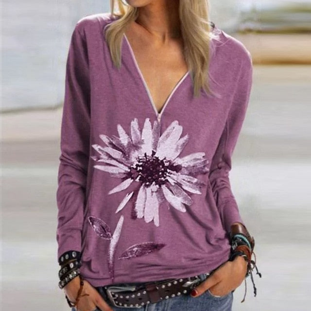 2020 Casual Women V Neck Zipper Blouse Shirt Elegant Daisy Print Female Tops Spring Autumn Long Sleeve Loose Blusa Pullover 5XL