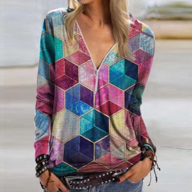 2020 Casual Women V Neck Zipper Blouse Shirt Elegant Daisy Print Female Tops Spring Autumn Long Sleeve Loose Blusa Pullover 5XL