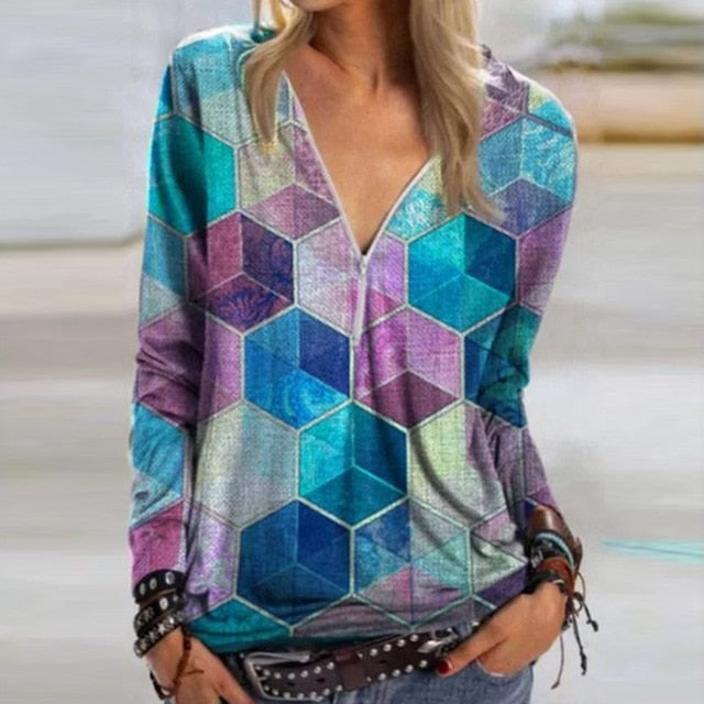2020 Casual Women V Neck Zipper Blouse Shirt Elegant Daisy Print Female Tops Spring Autumn Long Sleeve Loose Blusa Pullover 5XL
