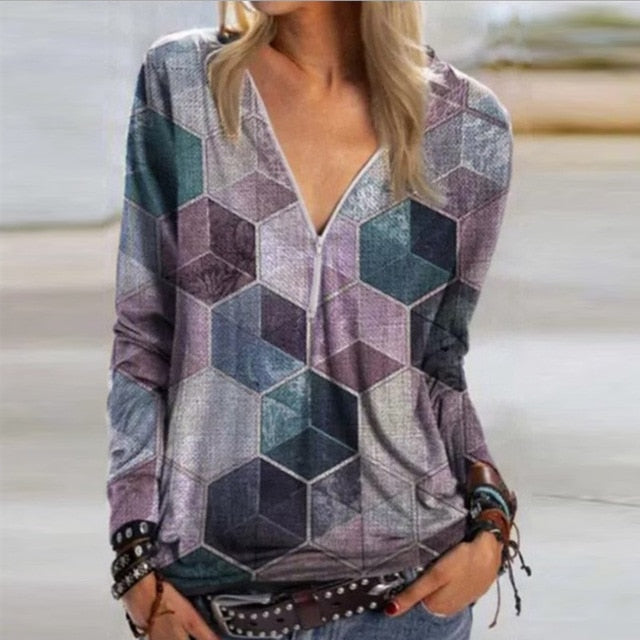 2020 Casual Women V Neck Zipper Blouse Shirt Elegant Daisy Print Female Tops Spring Autumn Long Sleeve Loose Blusa Pullover 5XL