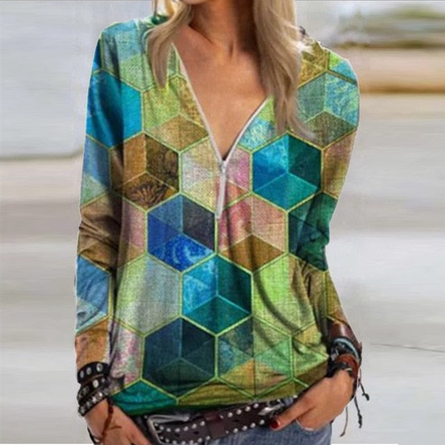 2020 Casual Women V Neck Zipper Blouse Shirt Elegant Daisy Print Female Tops Spring Autumn Long Sleeve Loose Blusa Pullover 5XL
