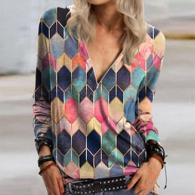 2020 Casual Women V Neck Zipper Blouse Shirt Elegant Daisy Print Female Tops Spring Autumn Long Sleeve Loose Blusa Pullover 5XL
