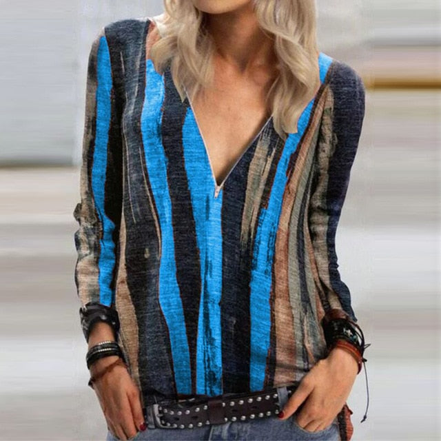 2020 Casual Women V Neck Zipper Blouse Shirt Elegant Daisy Print Female Tops Spring Autumn Long Sleeve Loose Blusa Pullover 5XL