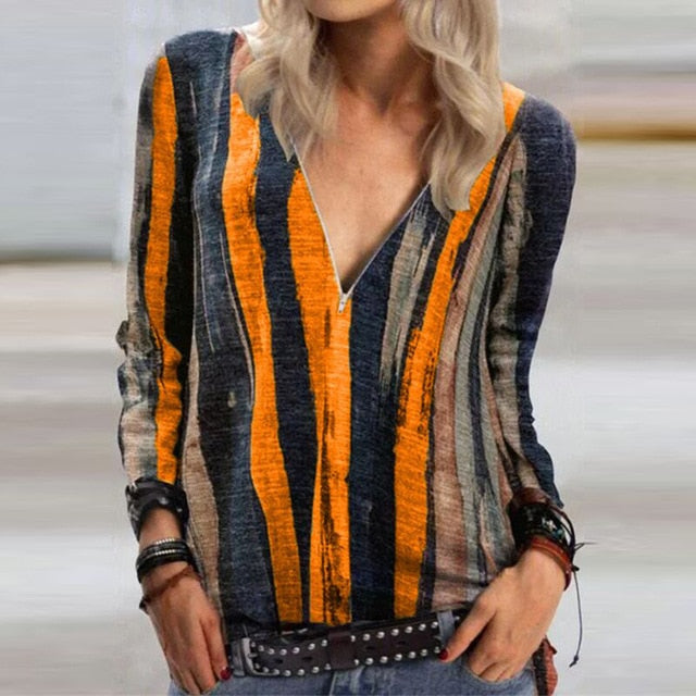 2020 Casual Women V Neck Zipper Blouse Shirt Elegant Daisy Print Female Tops Spring Autumn Long Sleeve Loose Blusa Pullover 5XL