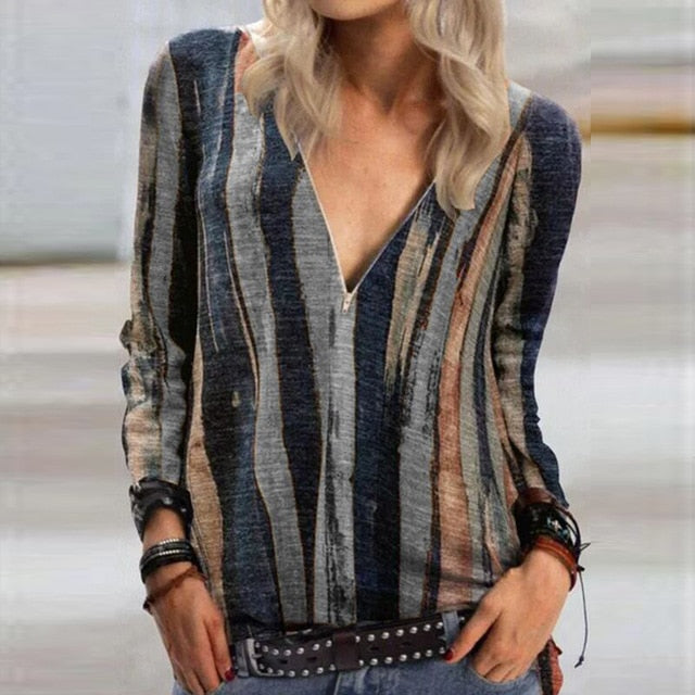 2020 Casual Women V Neck Zipper Blouse Shirt Elegant Daisy Print Female Tops Spring Autumn Long Sleeve Loose Blusa Pullover 5XL