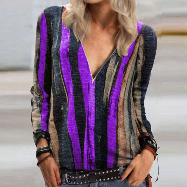 2020 Casual Women V Neck Zipper Blouse Shirt Elegant Daisy Print Female Tops Spring Autumn Long Sleeve Loose Blusa Pullover 5XL