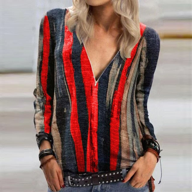 2020 Casual Women V Neck Zipper Blouse Shirt Elegant Daisy Print Female Tops Spring Autumn Long Sleeve Loose Blusa Pullover 5XL