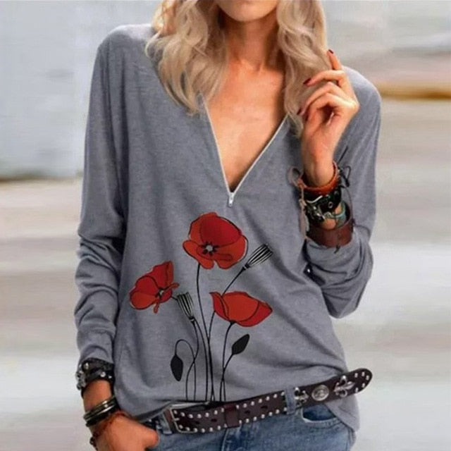 2020 Casual Women V Neck Zipper Blouse Shirt Elegant Daisy Print Female Tops Spring Autumn Long Sleeve Loose Blusa Pullover 5XL