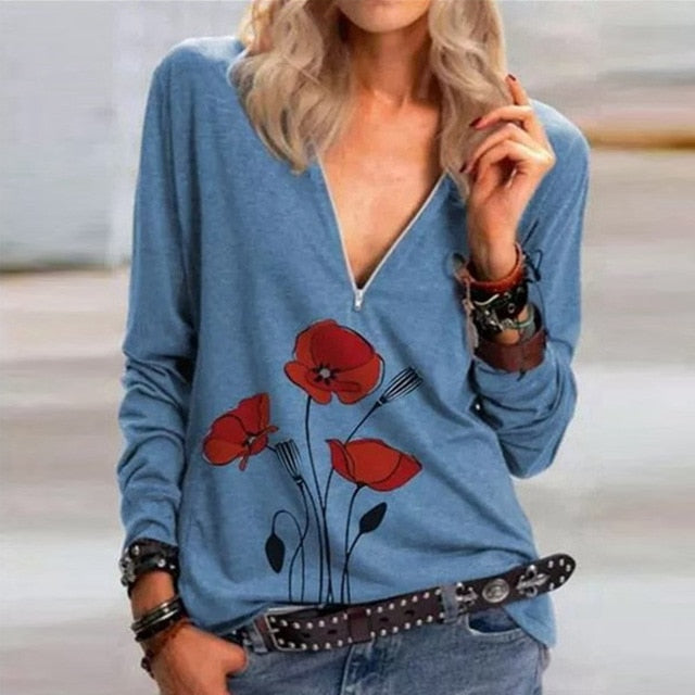 2020 Casual Women V Neck Zipper Blouse Shirt Elegant Daisy Print Female Tops Spring Autumn Long Sleeve Loose Blusa Pullover 5XL