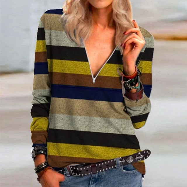 2020 Casual Women V Neck Zipper Blouse Shirt Elegant Daisy Print Female Tops Spring Autumn Long Sleeve Loose Blusa Pullover 5XL