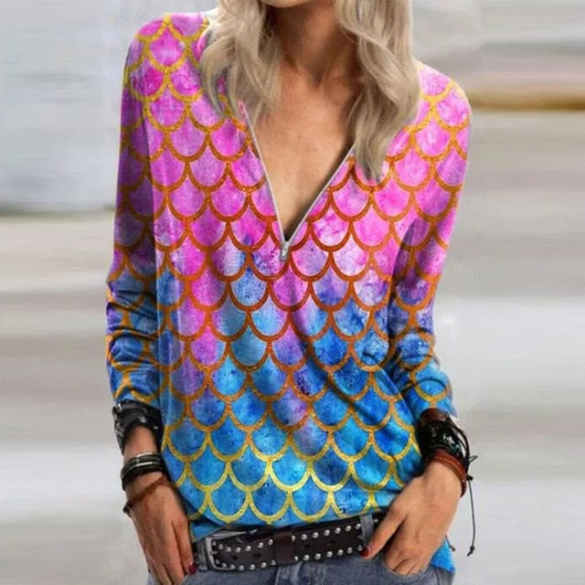 2020 Casual Women V Neck Zipper Blouse Shirt Elegant Daisy Print Female Tops Spring Autumn Long Sleeve Loose Blusa Pullover 5XL