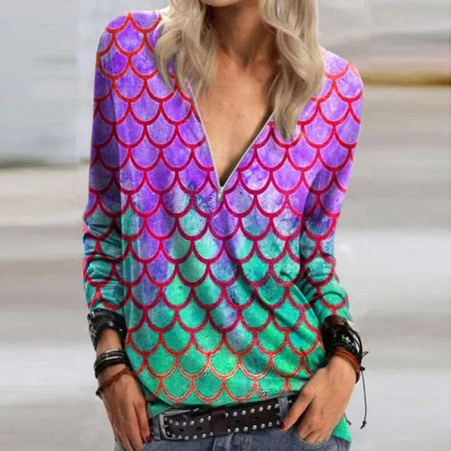 2020 Casual Women V Neck Zipper Blouse Shirt Elegant Daisy Print Female Tops Spring Autumn Long Sleeve Loose Blusa Pullover 5XL