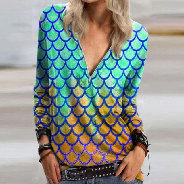 2020 Casual Women V Neck Zipper Blouse Shirt Elegant Daisy Print Female Tops Spring Autumn Long Sleeve Loose Blusa Pullover 5XL