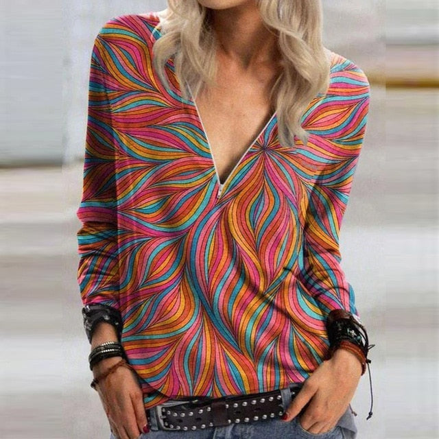 2020 Casual Women V Neck Zipper Blouse Shirt Elegant Daisy Print Female Tops Spring Autumn Long Sleeve Loose Blusa Pullover 5XL