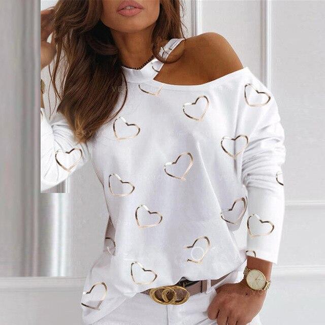 Women Sexy Heart Print Halter Blouse Shirt Fashion Off Shoulder  Long Sleeve Tops Pullovers Autumn Casual Slim Streetwear Blusas