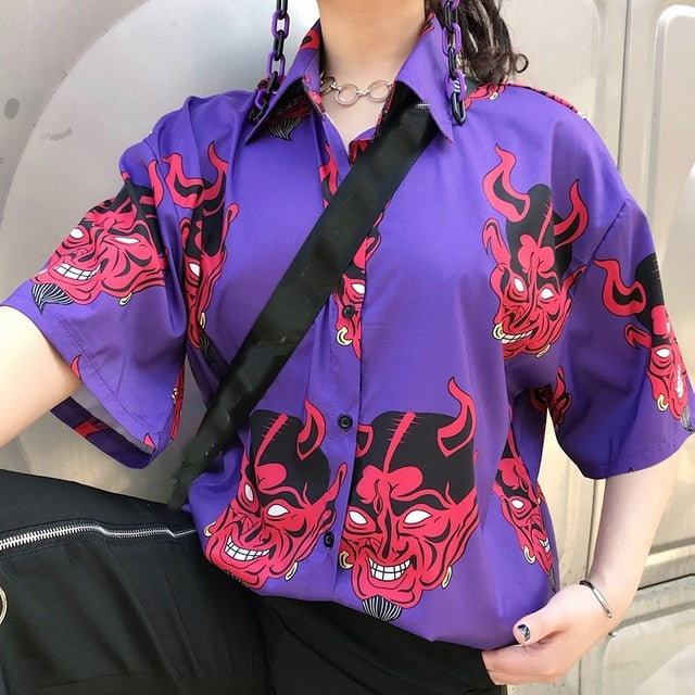 Harajuku Shirt blusas Female ulzzang full sleeve women blouse spring autumn loose gothic Devil print blouses Korean womens tops