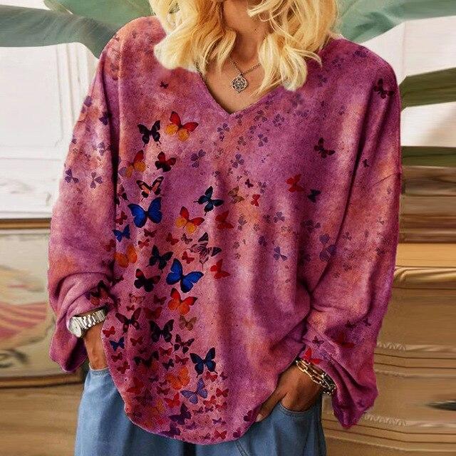 Women Casual Christmas Wine Glass Printed Blouses Autumn Loose V Neck Pullover Top Streetwear Long Sleeve Female Shirt Blusa 5XL