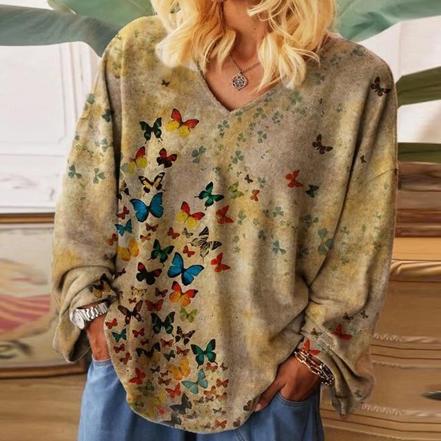 Women Casual Christmas Wine Glass Printed Blouses Autumn Loose V Neck Pullover Top Streetwear Long Sleeve Female Shirt Blusa 5XL