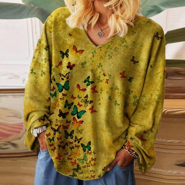 Women Casual Christmas Wine Glass Printed Blouses Autumn Loose V Neck Pullover Top Streetwear Long Sleeve Female Shirt Blusa 5XL