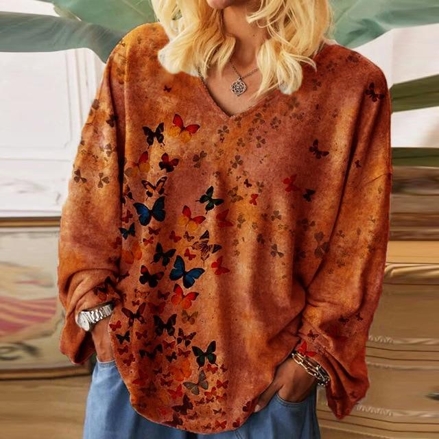 Women Casual Christmas Wine Glass Printed Blouses Autumn Loose V Neck Pullover Top Streetwear Long Sleeve Female Shirt Blusa 5XL