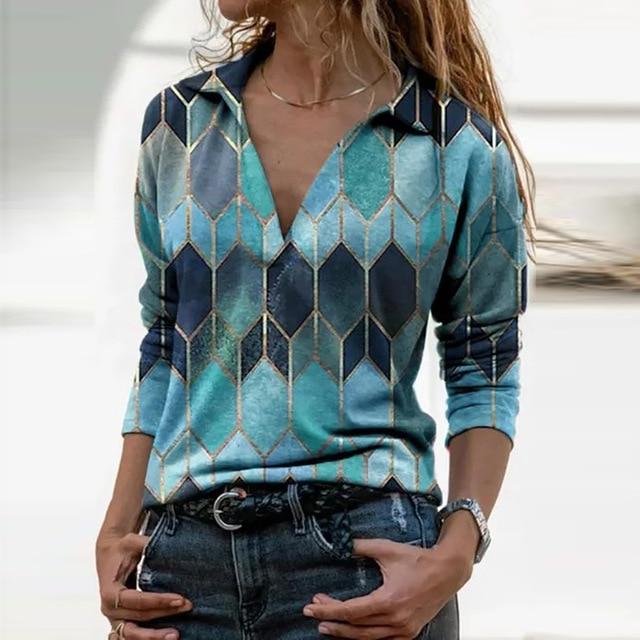 Women Landscape Pattern Print Blouse Shirt Elegant Autumn Turn-Down Collar Pullover Tops Casual Loose Plus Size Streetwear Blusa