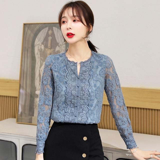 Lace bottom Women Blouse Shirt Floral Blusa Long Sleeve Spring 2020 New Women's V-neck Lace Top Pullover Tops 620B