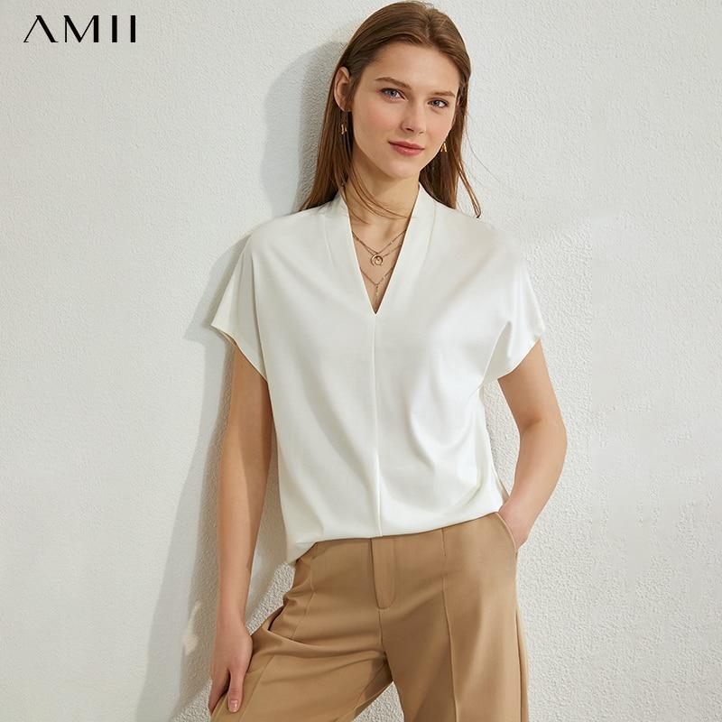 AMII Minimalism Spring Summer Chiffon Solid Vneck Loose Women Blouse Causal Daily Short Sleeves Female Blouse 12060068