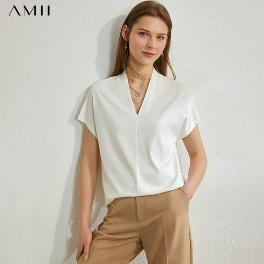 AMII Minimalism Spring Summer Chiffon Solid Vneck Loose Women Blouse Causal Daily Short Sleeves Female Blouse 12060068