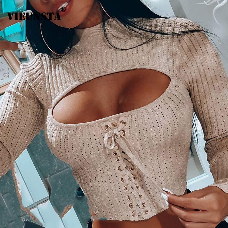 Sexy Off Shoulder Cut Off Patchwork Spring Shirts 2020 Women Hollow Out O Neck Elegant Blouse Autumn Long Sleeve Rib Tops Blusas