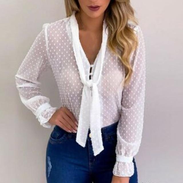 Women Fashion Long Sleeve Sheer Mesh Blouse Sexy Lantern Sleeve Tops Vintage Polka Dot Printed Sleeve Baggy Blouse O-neck Shirts