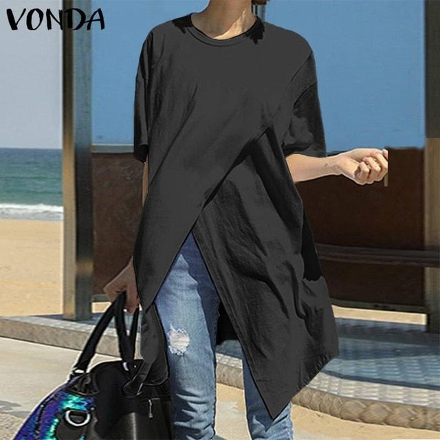 White Tops Women Casual Blouse VONDA 2020 Summer Sexy Short Sleeve O Neck Split Hem Party Shirts Plus Size Blusa Women Tunic