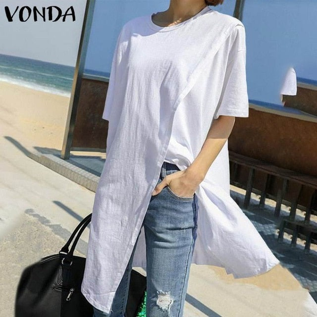 White Tops Women Casual Blouse VONDA 2020 Summer Sexy Short Sleeve O Neck Split Hem Party Shirts Plus Size Blusa Women Tunic