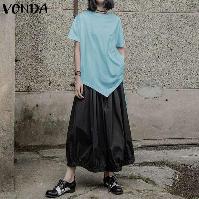 White Tops Women Casual Blouse VONDA 2020 Summer Sexy Short Sleeve O Neck Split Hem Party Shirts Plus Size Blusa Women Tunic