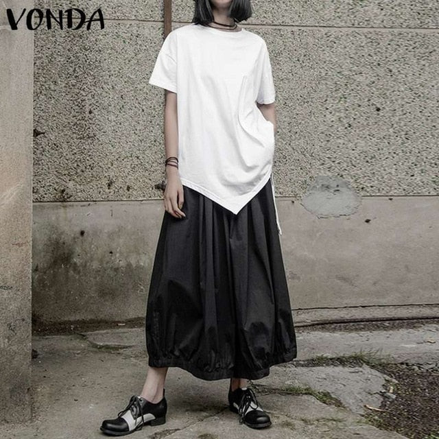 White Tops Women Casual Blouse VONDA 2020 Summer Sexy Short Sleeve O Neck Split Hem Party Shirts Plus Size Blusa Women Tunic